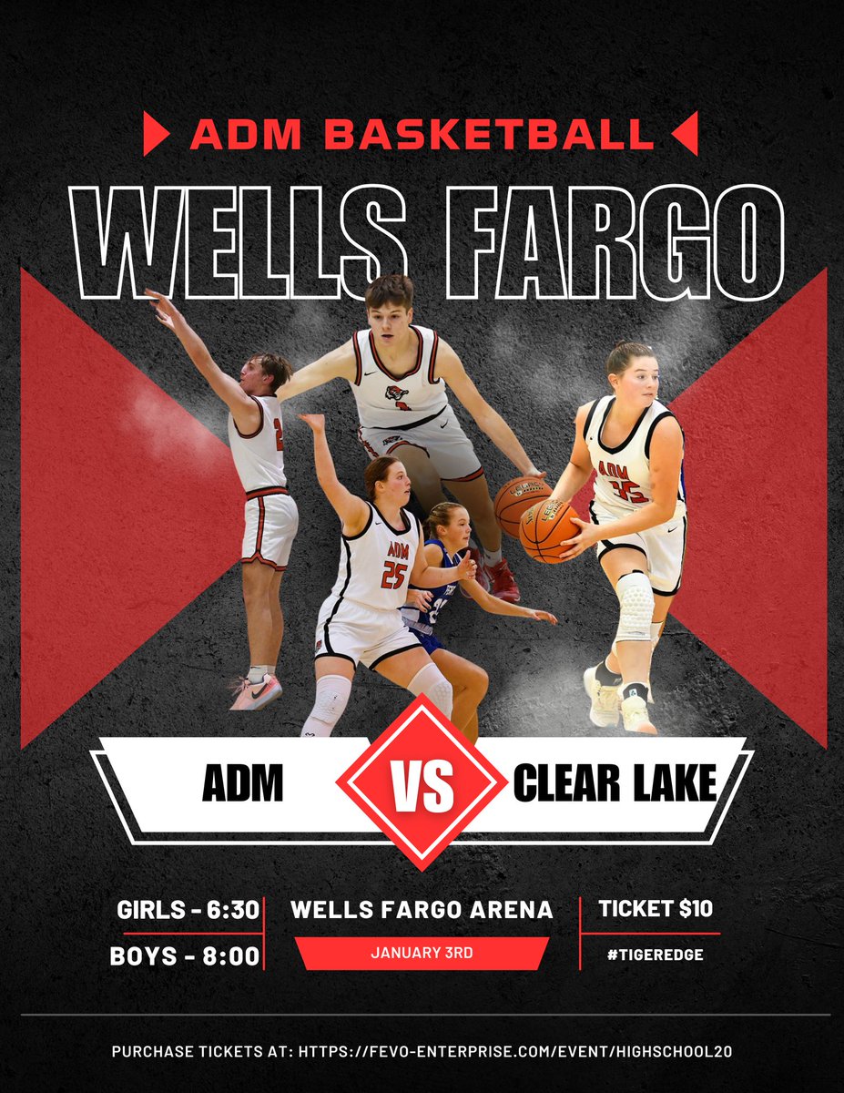 🚨 Save the Date 🚨
<a href="/adm_girls/">ADM Girls Basketball</a> and <a href="/ADM_TIGERHOOPS/">ADM Boys Basketball</a> will take on Clear Lake at Wells Fargo Arena in Des Moines on January 3rd starting at 6:30 in varsity girls and boys basketball.  Purchase your tickets at: fevo-enterprise.com/event/Highscho…