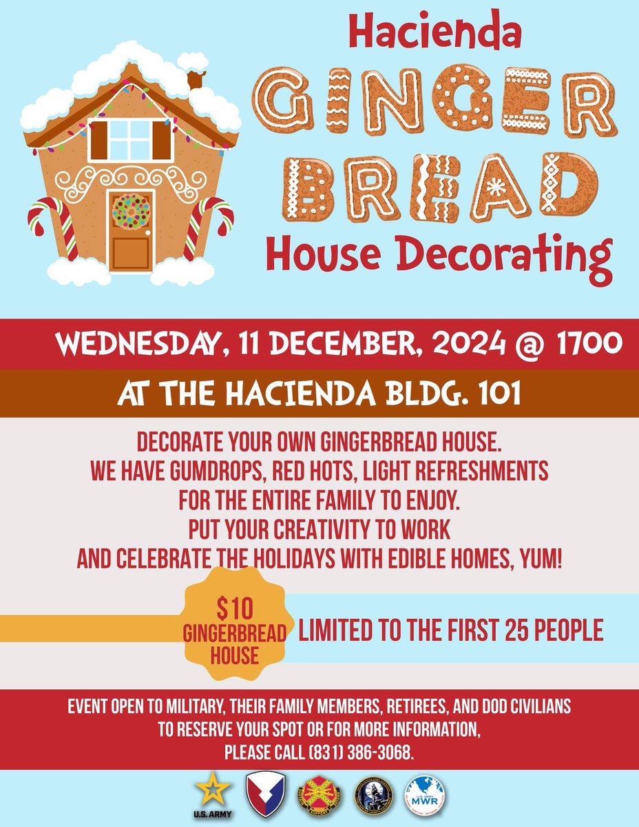 Make sure to reserve your spot for the upcoming gingerbread house decorating event at the Hacienda on December 11 at 1700! #familyfun #communityevents #forthunterliggett #USArmyReserve