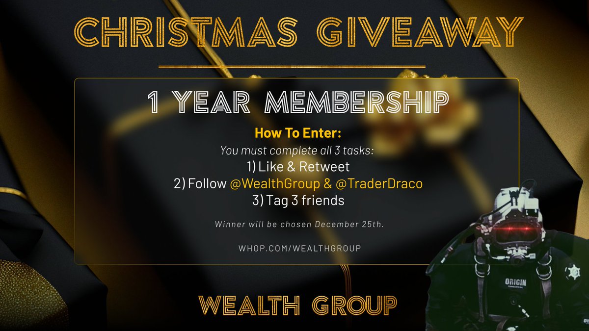 TraderDraco's tweet photo. 🎅 Win a one year membership to @WealthGroup's Community!

We want you to succeed in the bull market, and there is no better place than at @WealthGroup, with our live streams, trading courses, expert guidance, and trade signals!  👇 

How To Enter: 
1) Like & Retweet
2) Follow @WealthGroup & @TraderDraco
3) Tag 3 friends

The Winner will be selected on December 25th!
Good luck and happy holidays from @TraderDraco and @WealthGroup.