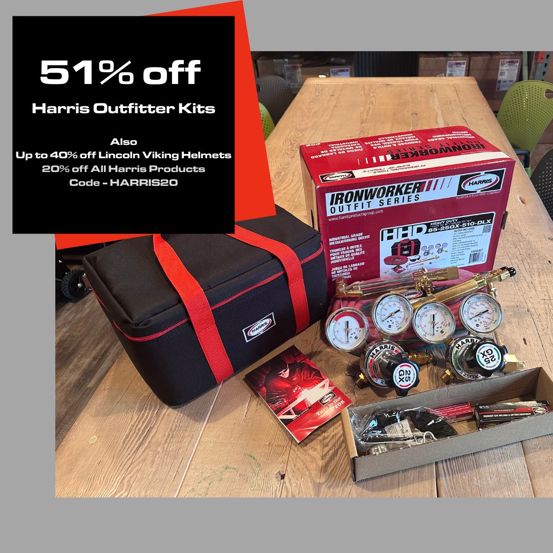 WeldingMart's tweet photo. Don't miss out on these deals!

51% off Harris Ironworker Outfit Kits
20% off all Harris Products - Code - HARRIS20
UP TO 40% Off Lincoln Viking Helmets

#HarrisProducts #lincolnelectric #WeldRedNation #weldinghelmet https://t.co/LHRLkoAk8J