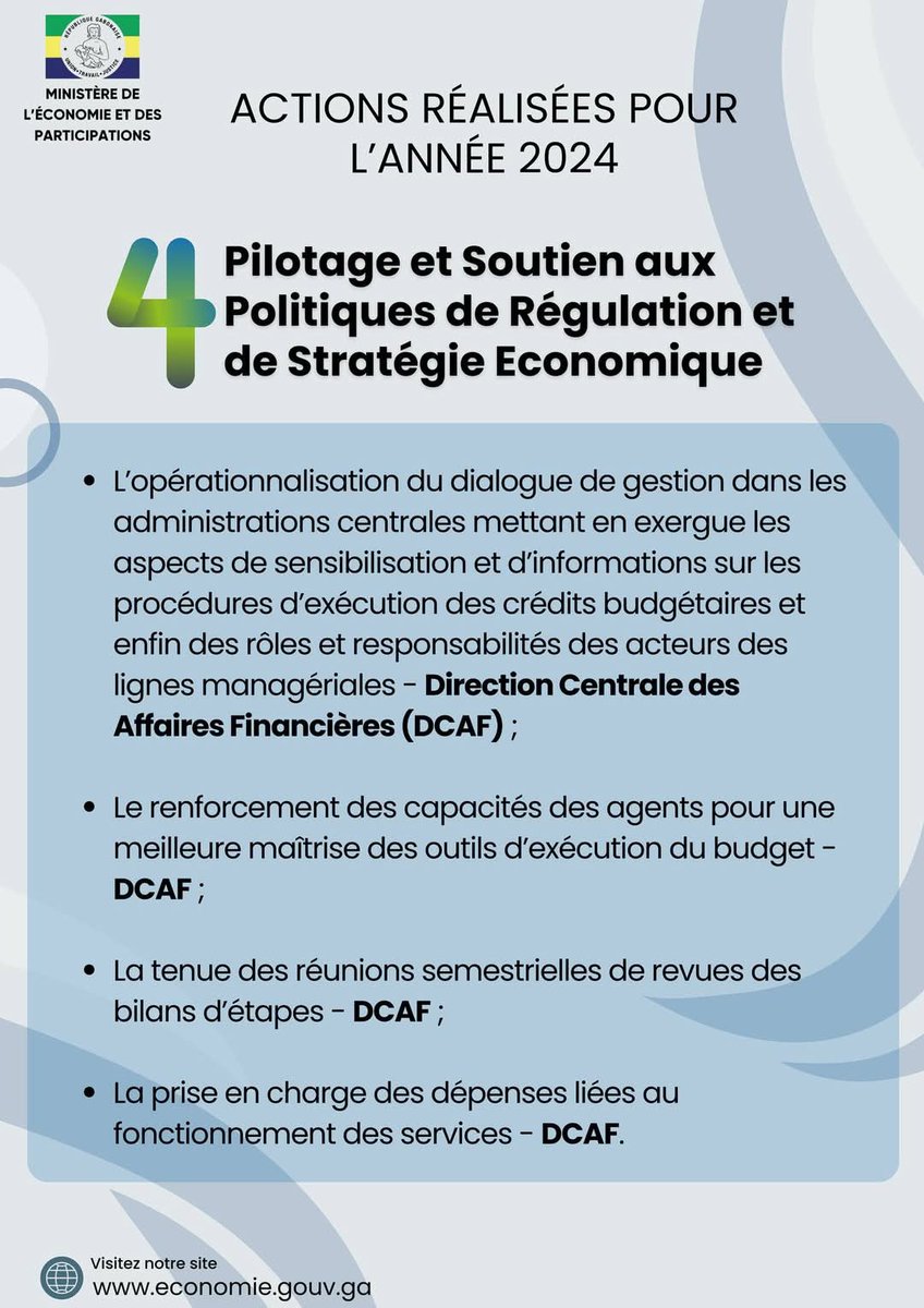 𝐌𝐢𝐬𝐬𝐢𝐨𝐧 𝟐𝟕 : 𝐬𝐭𝐫𝐚𝐭𝐞́𝐠𝐢𝐞 𝐞́𝐜𝐨𝐧𝐨𝐦𝐢𝐪𝐮𝐞 - 𝐋𝐞𝐬 𝐚𝐜𝐭𝐢𝐨𝐧𝐬 𝐫𝐞́𝐚𝐥𝐢𝐬𝐞́𝐞𝐬 𝐩𝐚𝐫 𝐥𝐞 𝐌𝐢𝐧𝐢𝐬𝐭𝐞̀𝐫𝐞 𝐝𝐞 𝐥'𝐄́𝐜𝐨𝐧𝐨𝐦𝐢𝐞 𝐞𝐧 𝟐𝟎𝟐𝟒

#Gabon