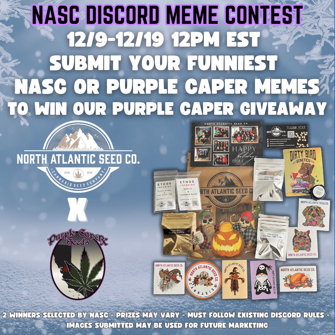 N_A_S_C_'s tweet photo. NASC’s Discord Meme Contest Starts NOW!🚨
With some great prizes provided by Purple Caper Seeds! @PurpleCaper 

From now-12/19 12PM EST submissions will be open in our “Meme Contest” channel in discord! (Link on website)👀
Create and share NASC or Purple Caper Seeds memes for a chance to WIN! Submissions must follow existing discord rules. Nothing offensive, hateful or too vulgar is allowed!

NASC will select 2 different winners for this one! Good luck everybody! (Link to Discord at the bottom our website)
