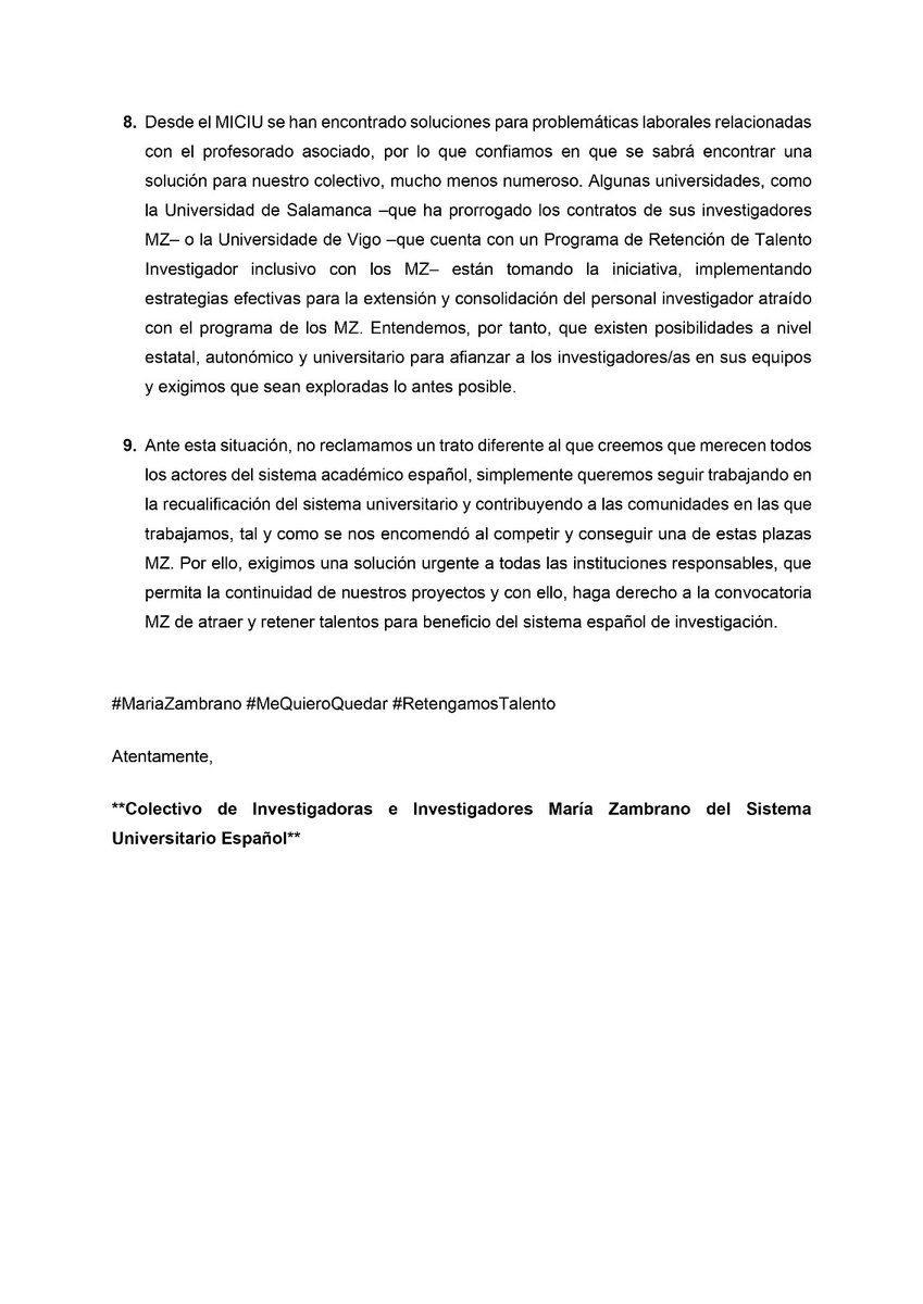 Atraídas y atraídos desde centros de investigación de todo el mundo para recualificar el sistema universitario español. Tras dos años en el programa #MariaZambrano nos dejan en la estacada. <a href="/CienciaGob/">Ministerio de Ciencia, Innovación y Universidades</a> <a href="/DianaMorantR/">Diana Morant</a>, seguro se puede hacer mejor. #MeQuieroQuedar #RetengamosTalento