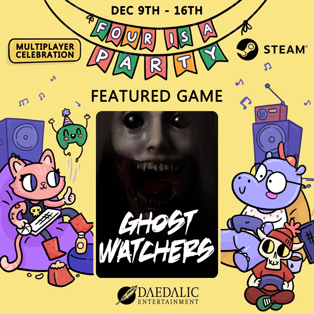 RenderiseGames's tweet photo. We are glad to announce our top-played game Ghost Watchers being a part of Four Is a Party Festival! #fourisaparty | #RenderiseGames | #GhostWatchers