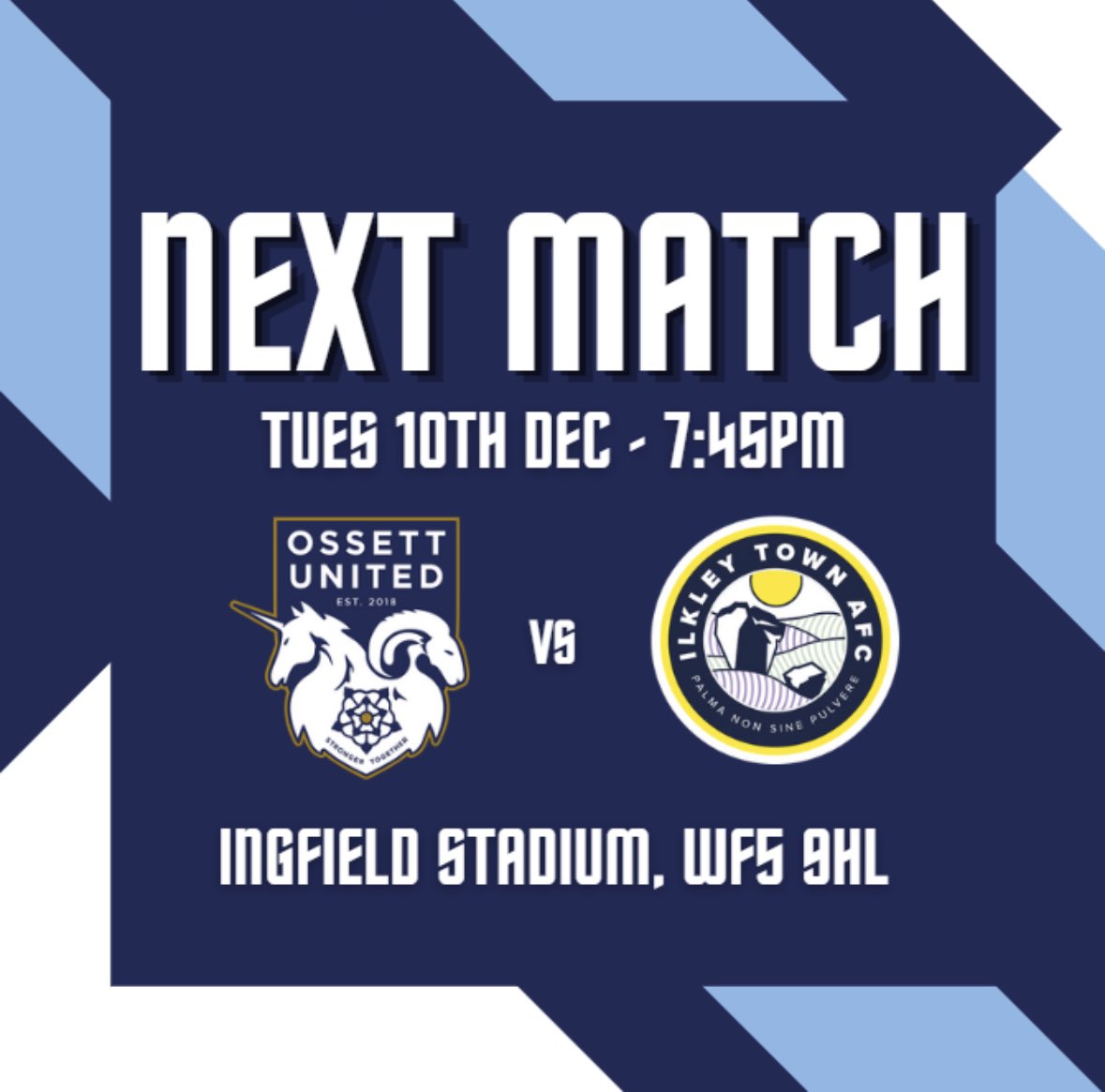 OssettUnited's tweet photo. 🔵⚪️🔵 Next Game 🔵⚪️🔵

🔜 @ilkleytown 
📆 Tues 10th Dec - 7:45PM
🏆 West Riding FA County Cup 2nd Round
🎟️ REDUCED ADMISSION £7/£5/£2.50
🍺 Kelly’s Bar Open
🍔 Hot Food available
📰 Printed Programmes - £2.50
🐕 Dogs welcome - on a lead https://t.co/WxeSlc8w5O