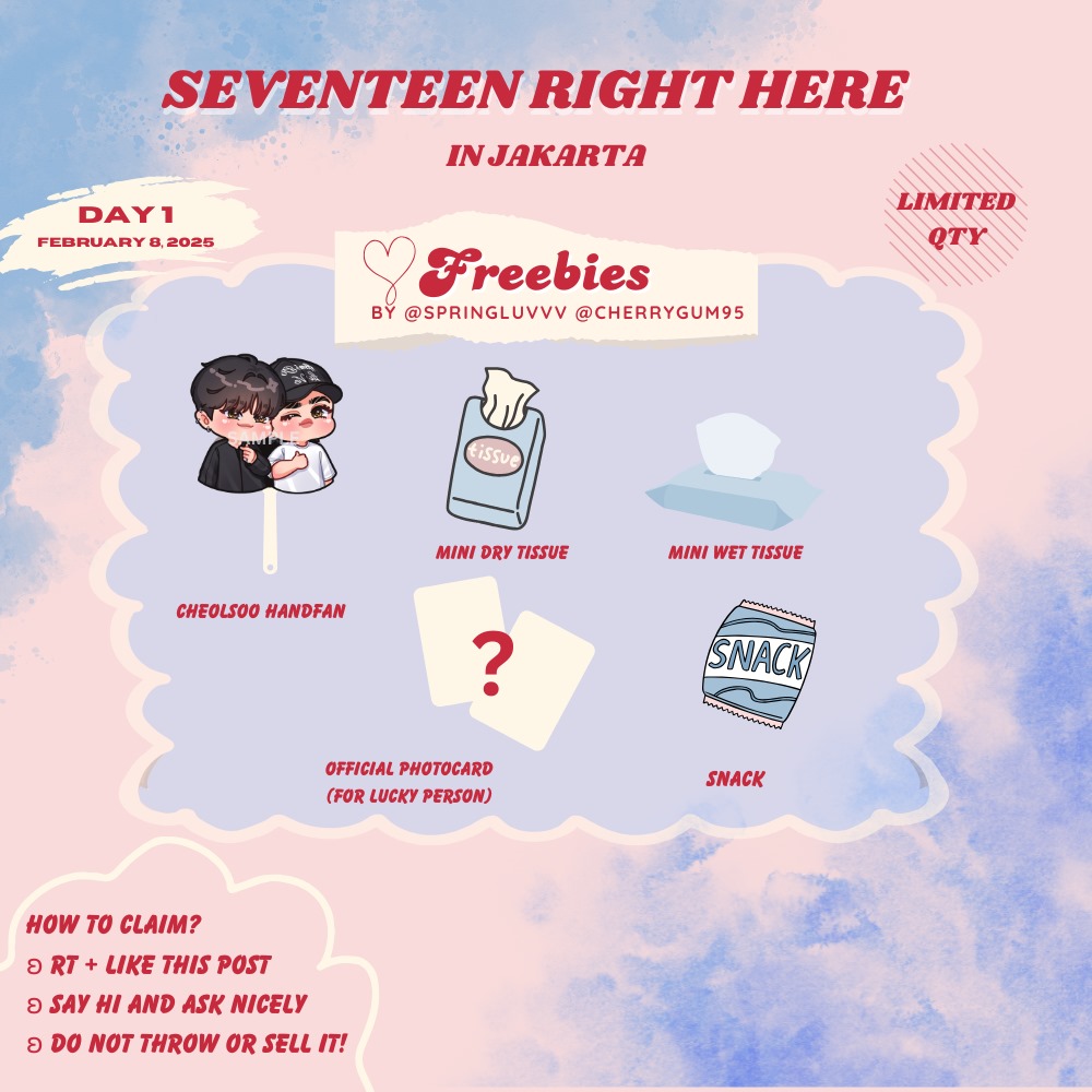cherrygum95's tweet image. 🩷FREEBIES SEVENTEEN 17RH IN JAKARTA💙
by @springluvvv @cherrygum95
Fan art by @goldeuhandseu
📆 8 Feb 2025 (Day 1 only)
📍JIS
⏰ tba
how to claim?
— find us and ask nicely!
— show this tweet
— please don't throw or sell it
‼️limited qty
💌 dm for trade
#SVT_RIGHT_HERE_IN_JAKARTA