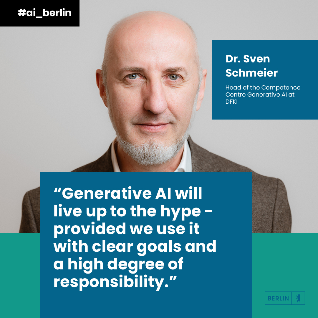 #GenerativeAI is one of the most disruptive trends in technology. Someone who knows this topic inside out is Dr. Sven Schmeier, who leads the Competence Center Generative AI at <a href="/DFKI/">DFKI</a>. Time for a #GenAI chat with #ai_berlin ➡️bit.ly/SvenSchmeier 🗨️