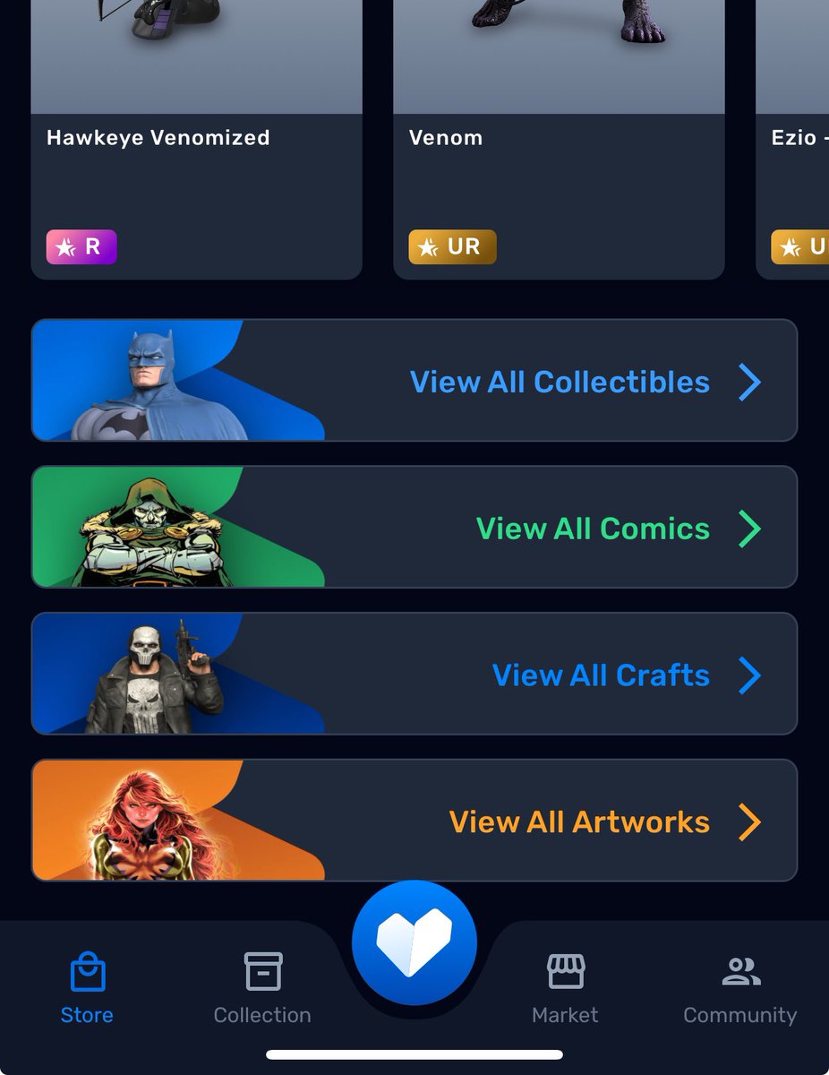 3rd update in 2 weeks for <a href="/veve_official/">VeVe | Digital Collectibles</a> :

🛒 Arrival of the Market button, thanks for listening to the community! 

👨‍🎨 a beautiful new visual for the home page !

🔗 Links to profiles work from the market

🏎️ Speed of transition between pages improved

we are on the right