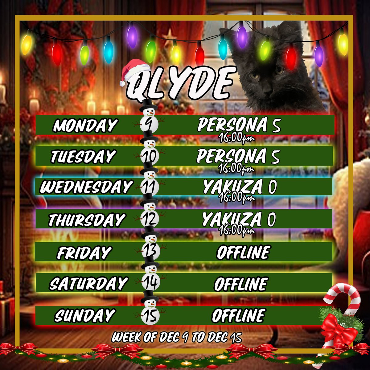 Qlyde's tweet photo. Finally got around to making a Christmas themed schedule. I hope you like it. 
#TwitchStreamers #ENVtuber #vtuber #VtuberSupport #VTuberUprising #SupportSmallStreamers #pngtuber #youtubechannel #jrpg #animegames #christmas https://t.co/dYENLGvEz5
