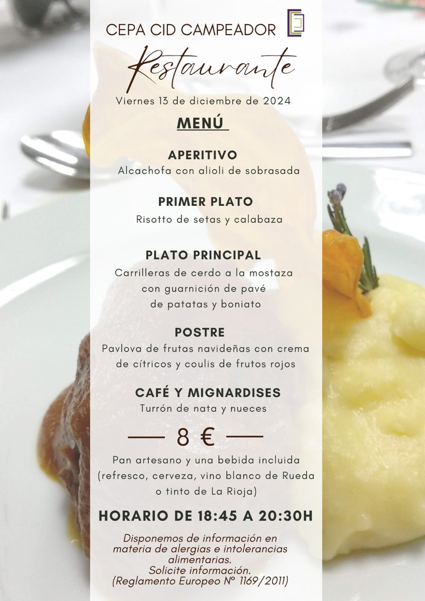 Estos son los servicios de cafetería, tienda y restaurante propuestos para esta semana en el #CEPACidCampeador dentro de las actividades prácticas del alumnado del Ciclo Formativo del Grado Básico de Cocina y Restauración.

Más información:
site.educa.madrid.org/cepa.cidcampea…