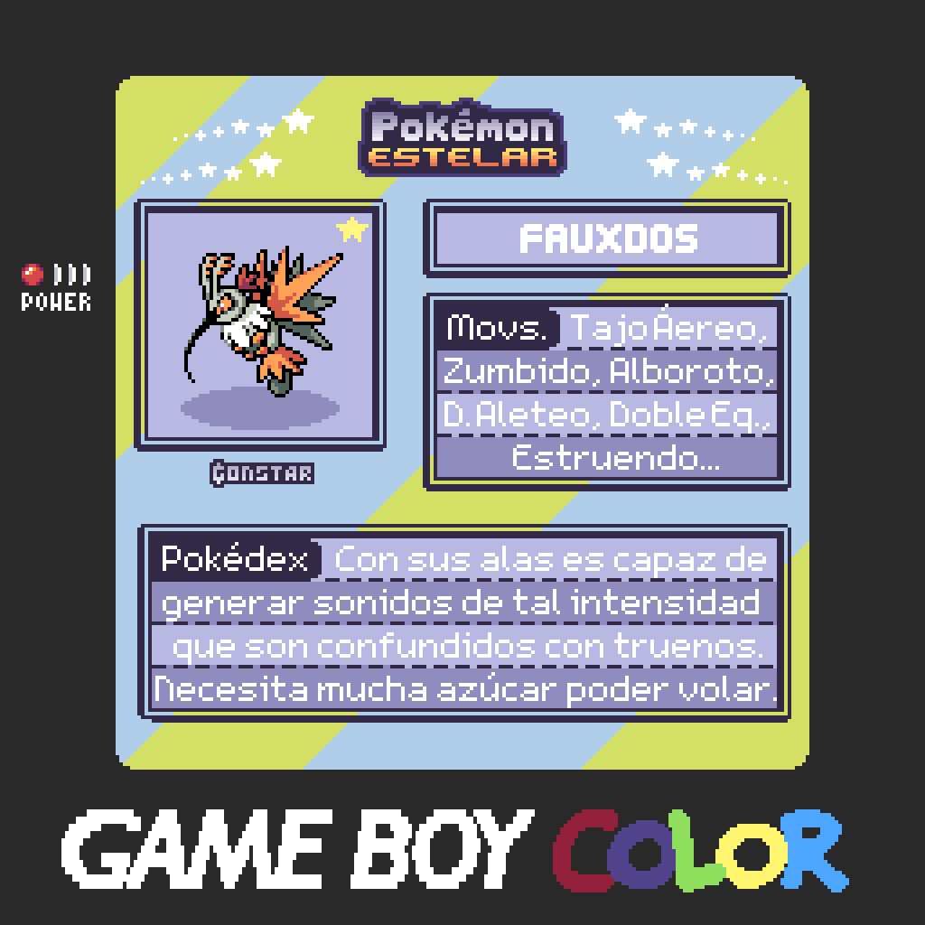 Fauxdos, evolución de Poopun, el Pkmn Engañoso de tipo bicho/volador.

Dada su naturaleza esquiva y gran velocidad, no fue hasta hace poco que se descubrió que era un bicho y no un ave.
Dado su aspecto y el zumbido que emite al volar, algunos creían que eran crías de Zapdos.