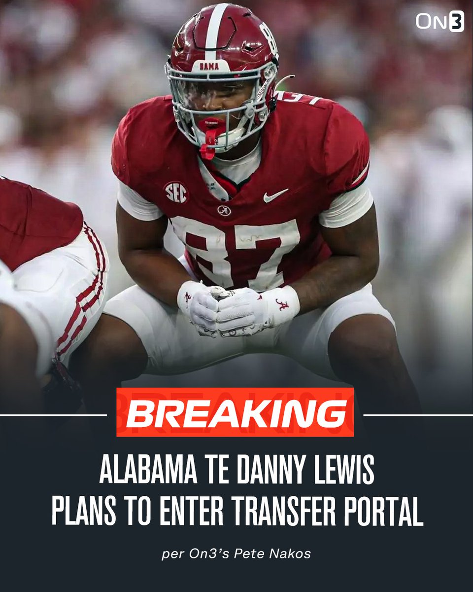 Pete Nakos (@petenakos_) on Twitter photo Alabama tight end Danny Lewis plans to enter the transfer portal, the Lionheart Sports Agency tells <a href="/On3sports/">On3</a>. 
on3.com/transfer-porta… Alabama tight end Danny Lewis plans to enter the transfer portal, the Lionheart Sports Agency tells <a href="/On3sports/">On3</a>. 
on3.com/transfer-porta…