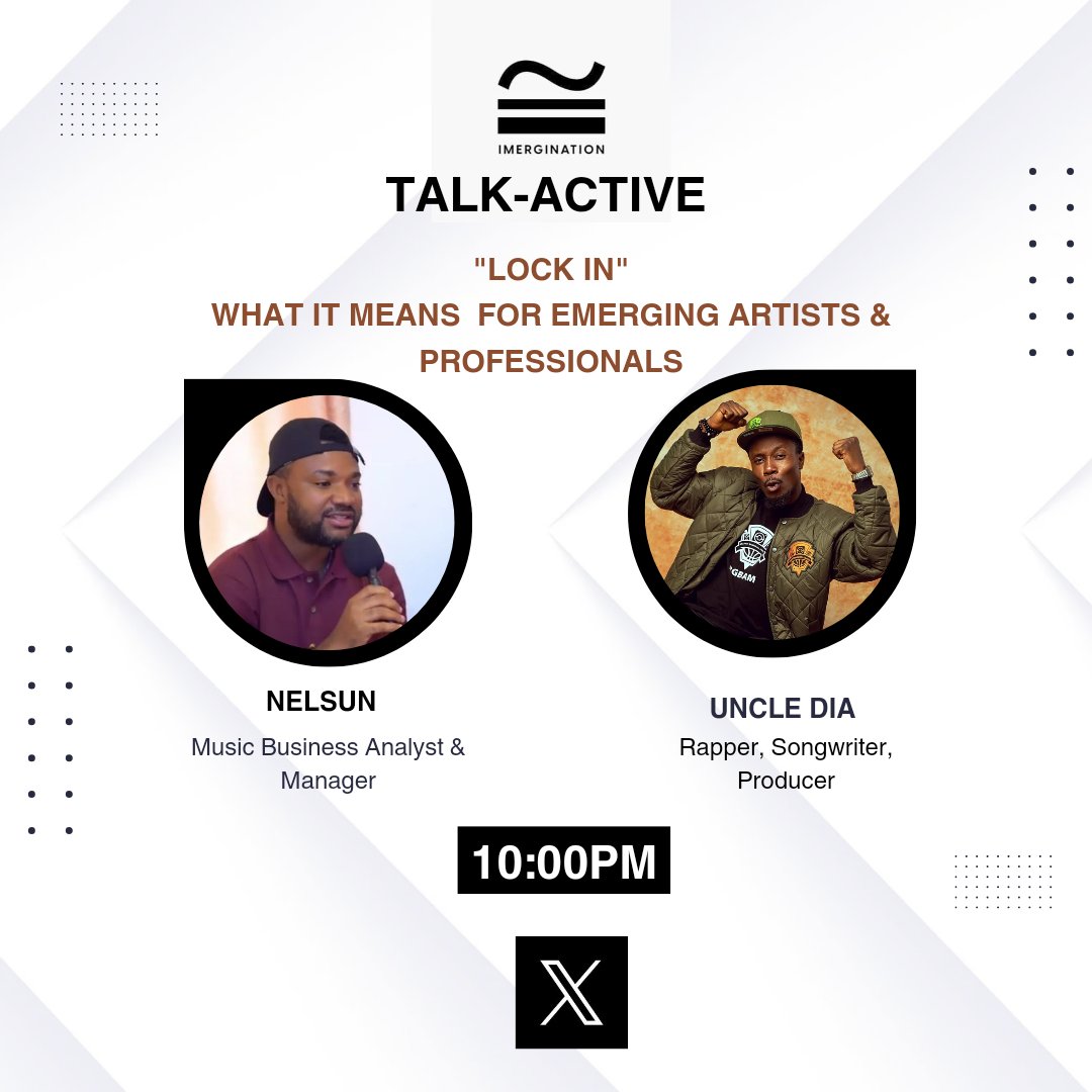 Adapioyi's tweet photo. It's another Monday, @uncle_DIA and I will be actively talking about - what it means for emerging creatives in the music business to "Lock In".

The #Talkactive Space starts by 10pm (WAT).

See you there. https://t.co/delbjvCeku