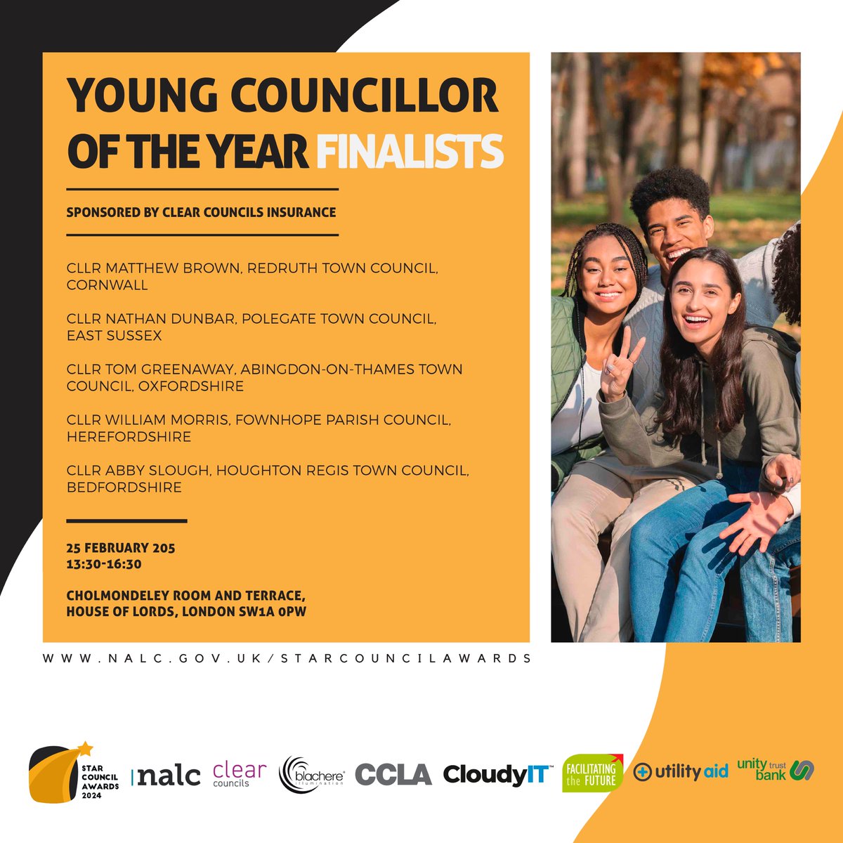 NALC (@nalc) on Twitter photo <a href="/TownExmouth/">ExmouthTownCouncil</a> <a href="/UkFalmouth/">Falmouth Town Council (UK)</a> <a href="/godalmingtc/">@godalmingtc</a> @PZCouncil <a href="/grandaddyMarco/">Mark Williams</a> <a href="/Cloudy_IT_UK/">CloudyIT</a> <a href="/bmkalc/">BMKALC</a> <a href="/EALCnews/">Essex Association of Local Councils</a> <a href="/KentLocCouncil/">Kent Association of Local Councils</a> <a href="/SuffolkALC/">SUFFOLK Association of Local Councils</a> <a href="/_WALC/">Warks & West Mid ALC</a> ✨ The next generation!
#StarCouncilAwards Young Cllr of the Year finalists:
🟡 Cllr Matthew Brown, <a href="/VisitRedruth/">Visit Redruth</a>
🟡 Cllr Nathan Dunbar, <a href="/PolegateTC/">Polegate Town Council</a>
🟡 <a href="/t0mgreenaway/">Cllr Tom Greenaway 🔸</a>, <a href="/AbingdonTC/">Abingdon-on-Thames Town Council</a>
🟡 Cllr William Morris, <a href="/FownhopePC/">Fownhope Parish Council</a>
🟡 <a href="/abbysloughh/">Abby Slough</a>, <a href="/HoughtonRegisTC/">Houghton Regis Town Council</a>
🤝 Sponsored by <a href="/UA_Energy/">Utility Aid</a> <a href="/TownExmouth/">ExmouthTownCouncil</a> <a href="/UkFalmouth/">Falmouth Town Council (UK)</a> <a href="/godalmingtc/">@godalmingtc</a> @PZCouncil <a href="/grandaddyMarco/">Mark Williams</a> <a href="/Cloudy_IT_UK/">CloudyIT</a> <a href="/bmkalc/">BMKALC</a> <a href="/EALCnews/">Essex Association of Local Councils</a> <a href="/KentLocCouncil/">Kent Association of Local Councils</a> <a href="/SuffolkALC/">SUFFOLK Association of Local Councils</a> <a href="/_WALC/">Warks & West Mid ALC</a> ✨ The next generation!
#StarCouncilAwards Young Cllr of the Year finalists:
🟡 Cllr Matthew Brown, <a href="/VisitRedruth/">Visit Redruth</a>
🟡 Cllr Nathan Dunbar, <a href="/PolegateTC/">Polegate Town Council</a>
🟡 <a href="/t0mgreenaway/">Cllr Tom Greenaway 🔸</a>, <a href="/AbingdonTC/">Abingdon-on-Thames Town Council</a>
🟡 Cllr William Morris, <a href="/FownhopePC/">Fownhope Parish Council</a>
🟡 <a href="/abbysloughh/">Abby Slough</a>, <a href="/HoughtonRegisTC/">Houghton Regis Town Council</a>
🤝 Sponsored by <a href="/UA_Energy/">Utility Aid</a>