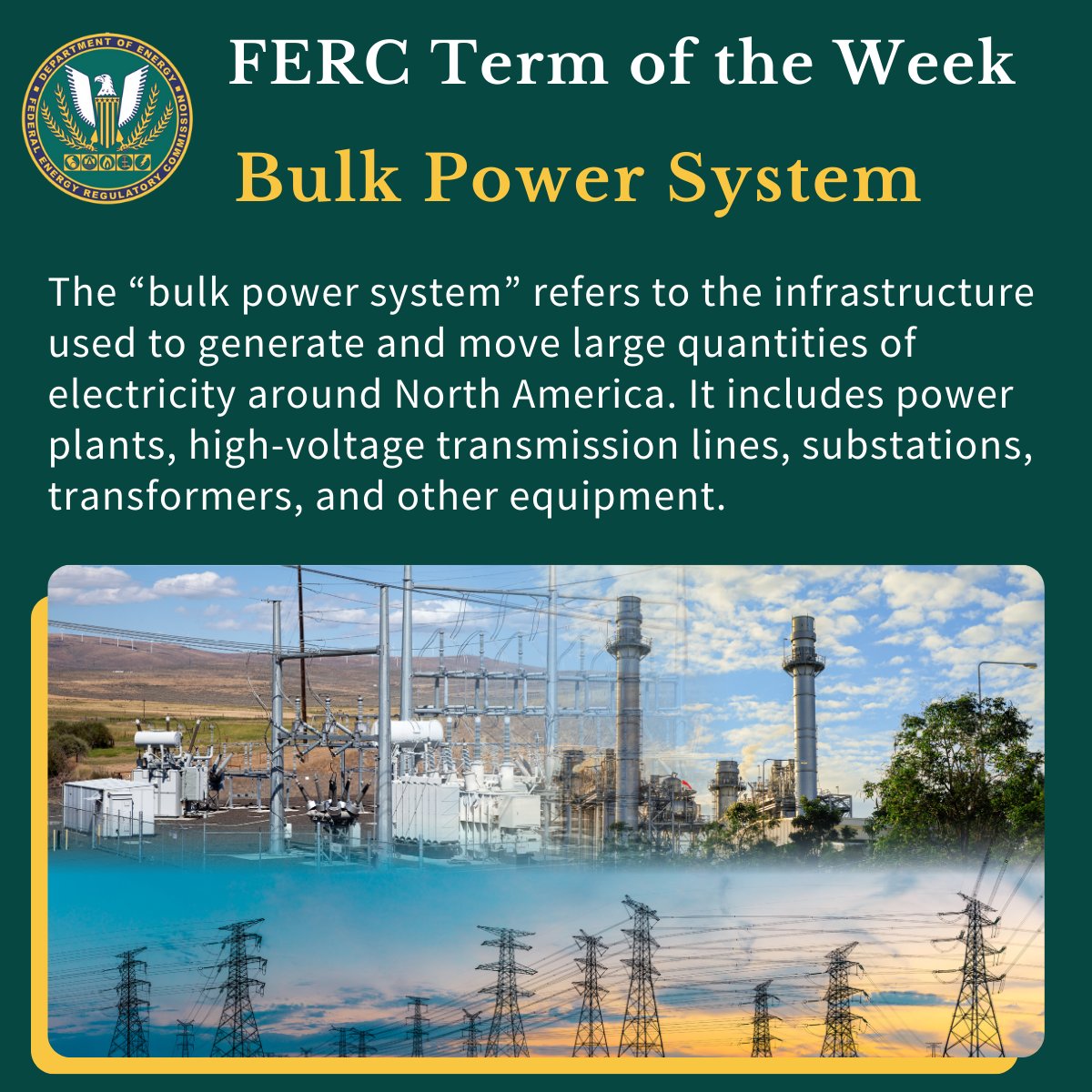FERC_OPP's tweet photo. FERC Term of the Week! “Bulk Power System”: It refers to the infrastructure used to generate and move large quantities of electricity around North America. It includes power plants, high-voltage #transmission lines, substations, transformers, &amp; other equipment. #FERCFluency @FERC https://t.co/d3QZMONJ16