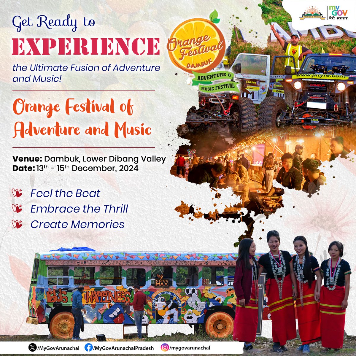 MyGovArunachal's tweet photo. An exhilarating adventure awaits you at the Orange Festival of Adventure and Music, set against the landscapes of Dambuk in Lower Dibang Valley. This one-of-a-kind festival brings together the best of music and adventure, offering a unique experience.
#OFAM https://t.co/fLWqg0kn6u