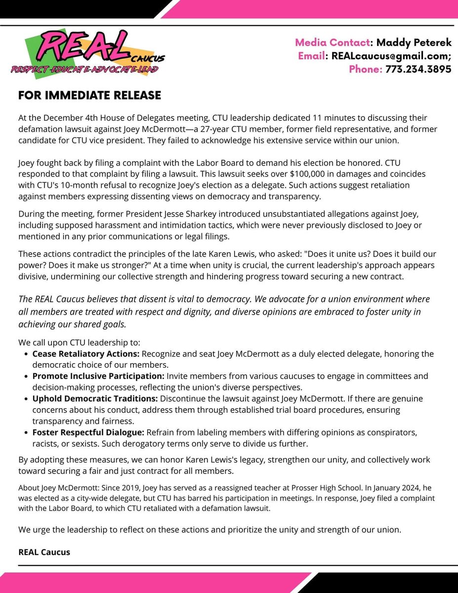 JeffO773's tweet photo. A CTU member won an election to serve as a delegate and CTU leadership has refused to let him serve. After filing a complaint with the labor board Stacy Davis Gates and Jackson Potter filed a lawsuit against him. Now Sharkey slandered him in a meeting. They are out of control https://t.co/voLER42pgE