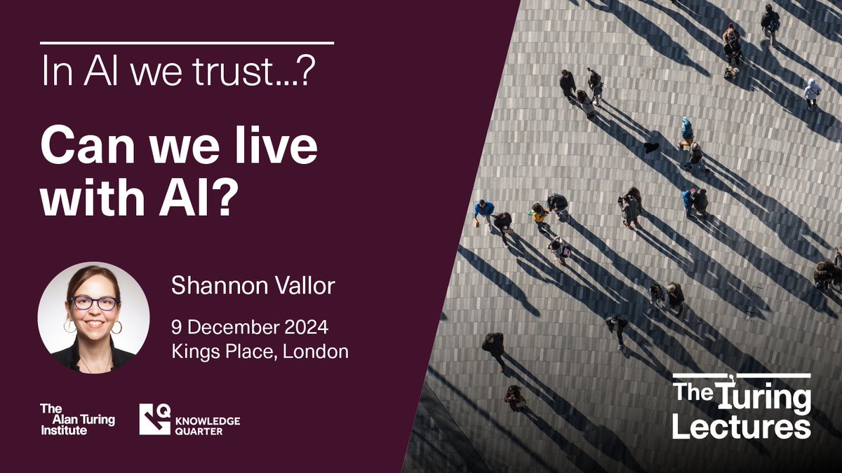 The Alan Turing Institute (@turinginst) on Twitter photo This evening marks the third and final lecture in this year’s Turing Lecture series.
📢 The #TuringLectures: Can we live with AI? | In AI we trust...? – part 3
7pm | 📅 Today | 📍 <a href="/KingsPlace/">Kings Place</a> London and online | Presented in collaboration with the Knowledge Quarter This evening marks the third and final lecture in this year’s Turing Lecture series.
📢 The #TuringLectures: Can we live with AI? | In AI we trust...? – part 3
7pm | 📅 Today | 📍 <a href="/KingsPlace/">Kings Place</a> London and online | Presented in collaboration with the Knowledge Quarter