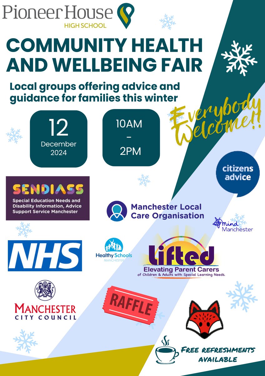 Pop along to <a href="/pioneerhousesch/">Pioneer House High School</a> #Community Health &amp; Wellbeing Fair this Thu 12 Dec: 10am-2pm (M23 0FF). Lots of organisations will be there to give advice on a range of topics. 🦊🍓 Café will be open too (we'll be in there for our Thu ☕ morning). #wellbeingmatters <a href="/MCCWythenshawe/">MCC Wythenshawe</a>