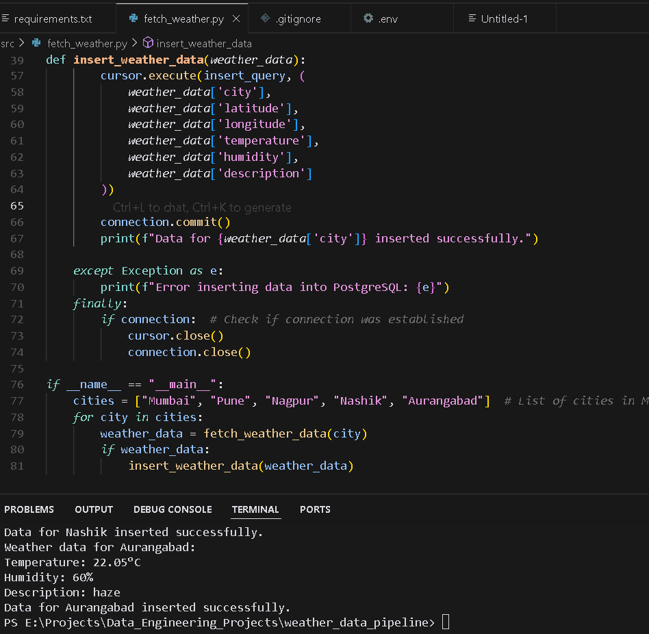 Shreyash271's tweet photo. Just Finsished initial portion of data Engineering project I am working on. Fetching data from API and storing in correct format  to postgrace table. Will be adding some changes to handle SCD and also try to add some Machine Learning to predict weather as well. 😇🚀🚀 https://t.co/92yUs9s7rz