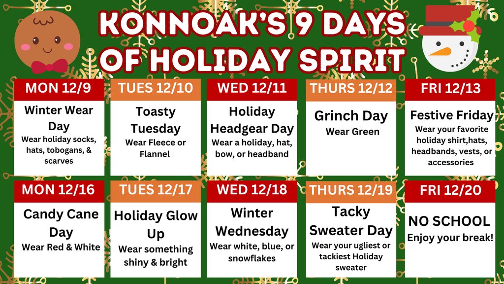 KESExpress24's tweet photo. 🎄 Join Us for 9 Days of Konnoak Holiday Spirit! 🎉
Starting Monday, December 9th, let’s countdown the last 9 days of school before winter break with fun daily themes! 🎁
Let’s spread the holiday cheer together! https://t.co/2TwDV8lTbc