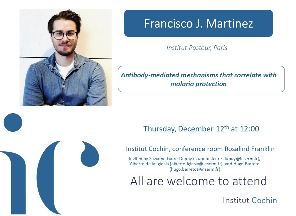 Suzanne Faure-Dupuy (she/her) (@sfauredupuy) on Twitter photo Don't miss out on Francisco J. Martínez's seminar the 12th of December at noon at <a href="/InstitutCochin/">Institut Cochin</a>. He will present his researcher done <a href="/institutpasteur/">Institut Pasteur, since 1887</a> on the "Antibody-mediated mechanisms that correlate with #malaria protection".
All the info here:
institutcochin.fr/en/agenda/anti… Don't miss out on Francisco J. Martínez's seminar the 12th of December at noon at <a href="/InstitutCochin/">Institut Cochin</a>. He will present his researcher done <a href="/institutpasteur/">Institut Pasteur, since 1887</a> on the "Antibody-mediated mechanisms that correlate with #malaria protection".
All the info here:
institutcochin.fr/en/agenda/anti…