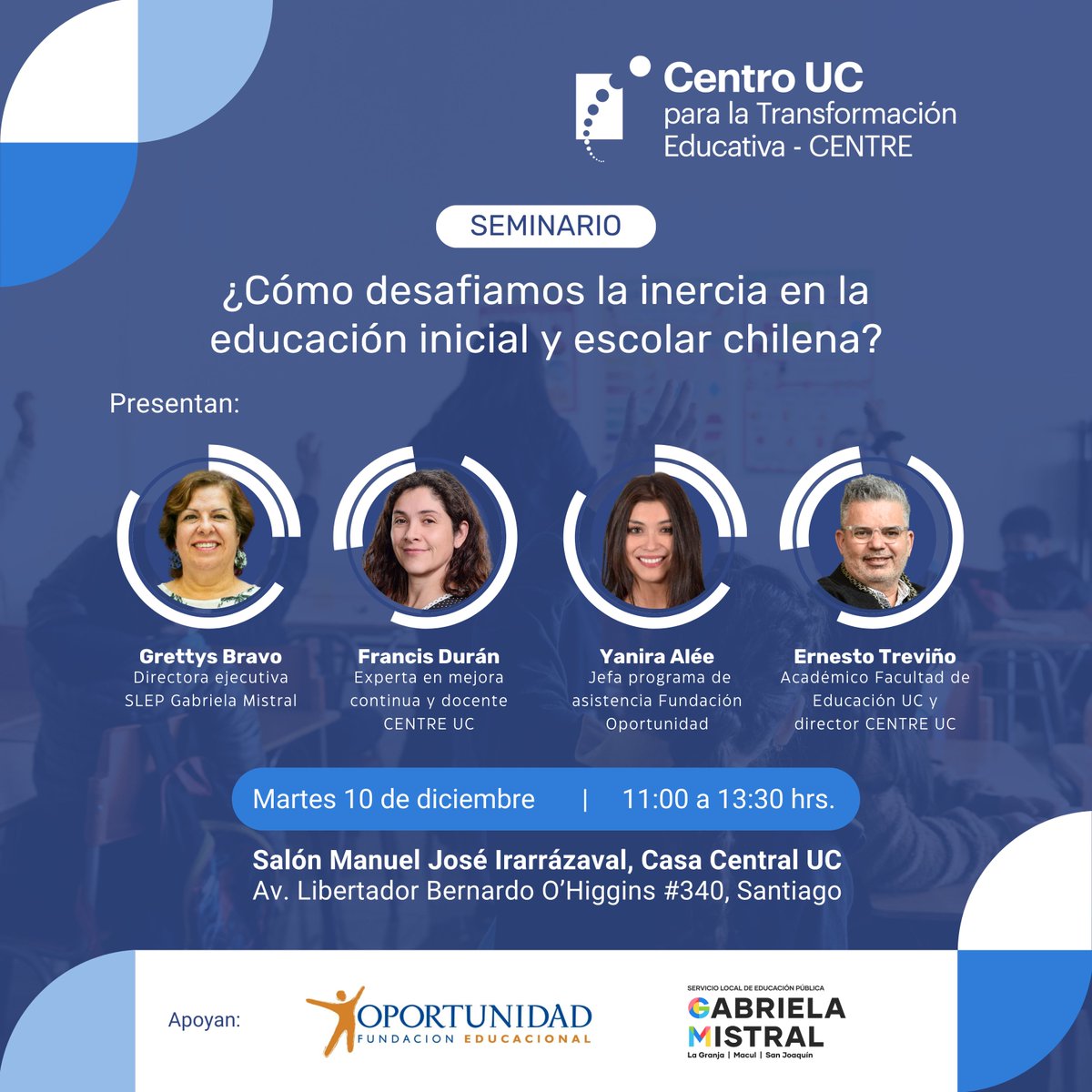 ¡Mañana! ⏰ Nos vemos en el #seminario "¿Cómo desafiamos la inercia en la educación inicial y escolar chilena?", enmarcado en nuestro octavo seminario. ¡Súmate al debate!

📅10 diciembre, 11:00 hrs.
📍Salón Irarrázaval UC (Alameda 340)
🔗Inscríbete gratis: centre.uc.cl/Seminario