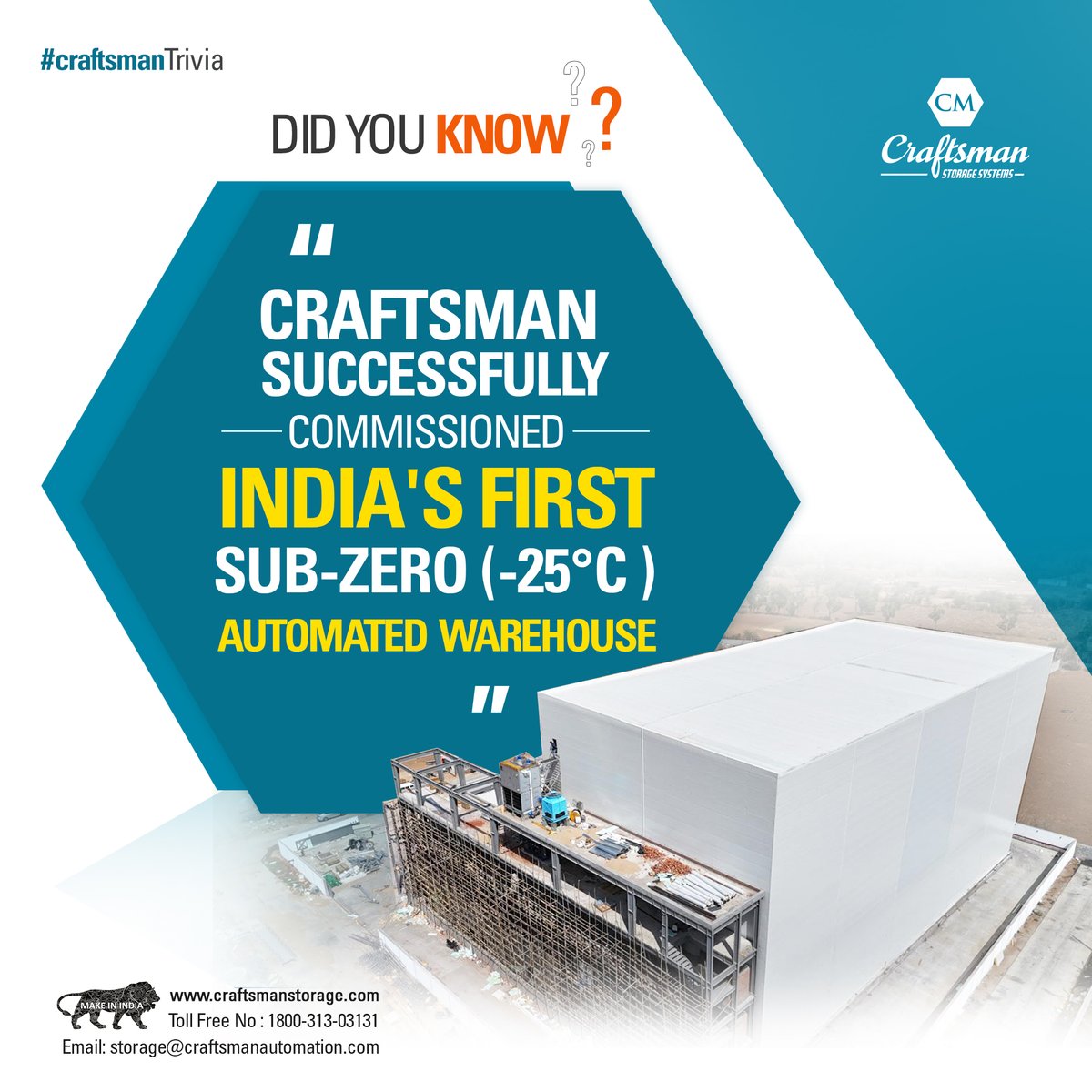 Craftsmanindia1's tweet image. Milestone achieved! Craftsman proudly commissions India&apos;s 1st sub-zero automated warehouse solution! Our innovative technology ensures efficient and precise storage, even in extreme temperatures. 

craftsmanstorage.com

#MakeinIndia #DidYouKnow #Craftsmanstoragesystem