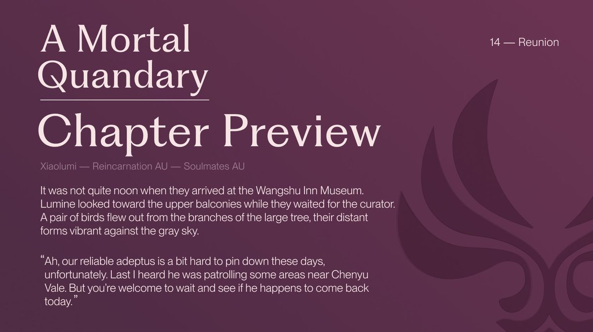lilibelleao3's tweet photo. Teaser: A Mortal Quandary Chapter 14: Reunion
Chapter will be posted on December 23 π
Reincarnation|Soulmates AU Xiaolumi
#xiaolumi #ιθ #xiao #lumine #genshinimpact #εη₯ #chapterteaser https://t.co/PkJpxeIx4O