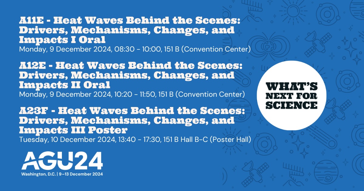 Session I of Heat Waves Behind the Scenes: Drivers, Mechanisms, Changes and Impacts starting now! 

<a href="/MichaelEMann/">Prof Michael E. Mann</a> | <a href="/xueke_li/">Xueke Li</a> | @MichaelFWehner 
#AGU2024