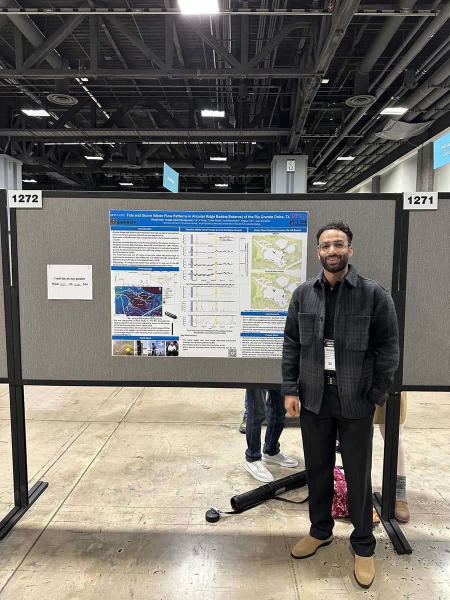 This morning, at #AGU2024, Waqid will present the water flow pattern in the alluvial ridge basin of the Rio Grande delta in TX! Come check out over six months of detailed tidal records, three tropical storms, and hurricanes.