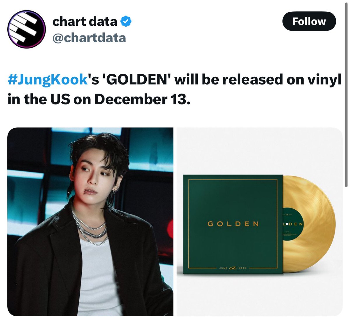JeonEsHi97's tweet photo. IF YOU SEE THIS TWEET RT AND REPLY 🫶🏻

JUNGKOOK IS COMING 
GOLDEN RE-COMEBACK 
PRE-ORDER GOLDEN VINYL
WORLD’S NO1 POP STAR IS COMING 
#JungKook_GOLDEN #Golden_Vinyl https://t.co/RVIndqi9Hq