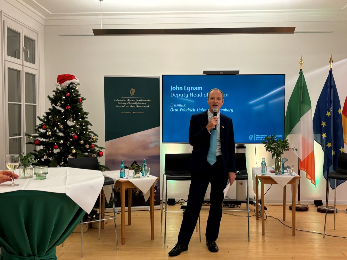 irlembberlin's tweet photo. What a pleasure to welcome students from 🇮🇪 universities currently on Erasmus in 🇩🇪 to the Embassy on Friday. 
Opening remarks by DHoM John Lynam were followed by a panel discussion with former Erasmus participants, &amp; great conversations with the students. Thanks to all who came! https://t.co/bPFxkc7Wpg