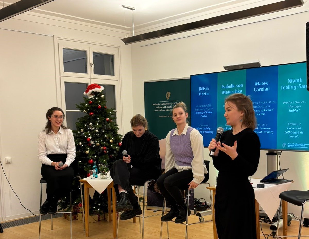 irlembberlin's tweet photo. What a pleasure to welcome students from 🇮🇪 universities currently on Erasmus in 🇩🇪 to the Embassy on Friday. 
Opening remarks by DHoM John Lynam were followed by a panel discussion with former Erasmus participants, &amp; great conversations with the students. Thanks to all who came! https://t.co/bPFxkc7Wpg