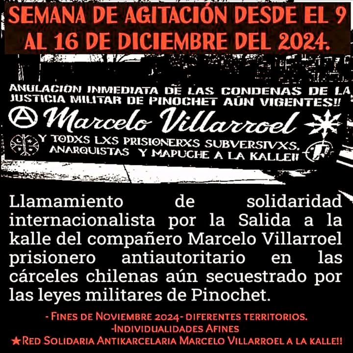 BuscandoKalle's tweet photo. 🏴 Llamamiento de solidaridad internacionalista por la Salida a la kalle del compañero Marcelo Villarroel Sepúlveda prisionero antiautoritario en las cárceles chilenas aún secuestrado por las leyes militares de Pinochet.
 
Semana de Agitación desde el 9 al 16 de Diciembre del ⬇️ https://t.co/zgJa2UOyf5