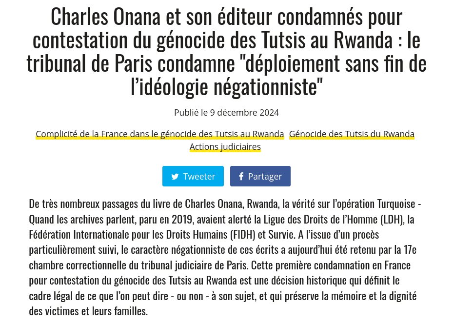 PROCÈS DE CHARLES ONANA

Cette première condamnation en France pour contestation du génocide des Tutsis au Rwanda est historique : elle définit enfin le cadre légal de ce que l’on peut dire - ou non - à son sujet. Le négationnisme n'est pas une opinion !
survie.org/themes/genocid…