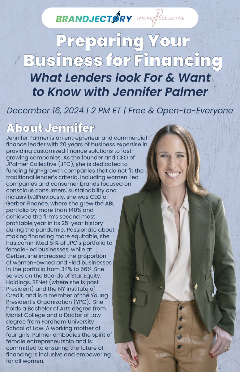 Founders, looking for an excellent webinar to cap off 2024? Jennifer Palmer, founder/CEO of JPalmer Collective, will be discussing what financing options for 2025 might be &amp; what lenders are looking for? Be prepared for financing in 2025!
Register now: lnkd.in/gKa6gYgt