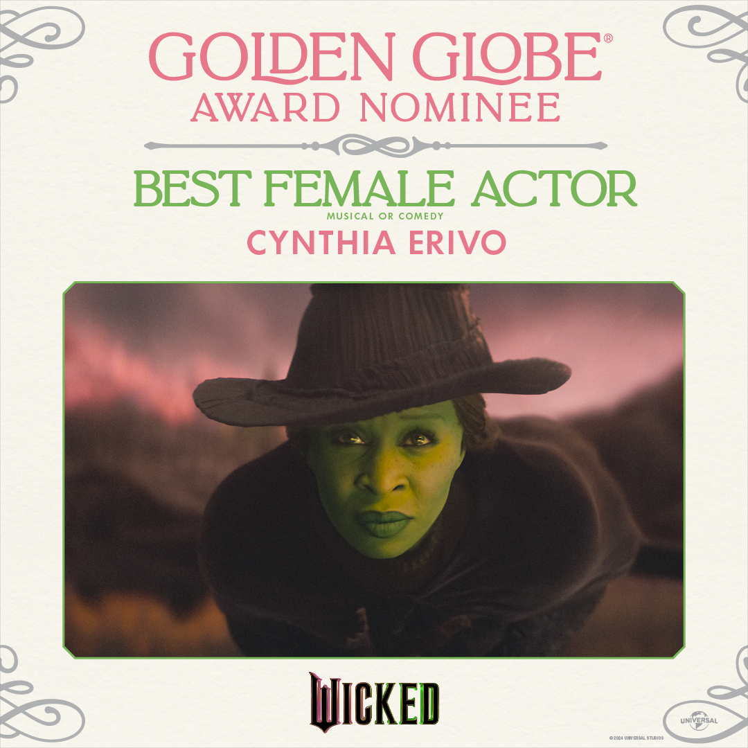 wickedmovie's tweet photo. Cynthia Erivo has been nominated for Best Female Actor (Musical/Comedy)! 💚#WickedMovie #GoldenGlobes https://t.co/kKjlhnrpeO