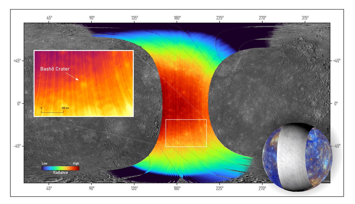 DLR_de's tweet photo. Flyby um #Merkur! 🔥🛰️ Das DLR-Spektrometer MERTIS an Bord der ESA-JAXA-Sonde @BepiColombo hat erstmals die Oberfläche im mittleren Infrarotbereich untersucht. Die Messungen liefern neue Erkenntnisse zu Zusammensetzung, Mineralogie und Temperaturen.🚀ℹ️: https://t.co/o9bPjLAh5m https://t.co/RxKXgAJd1m
