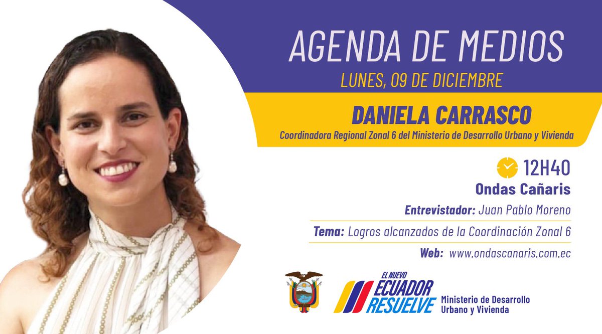 ViviendaEc's tweet photo. #EnMedios 🎙️ | ¡Conoce más sobre nuestra gestión! 🏡🇪🇨
Hoy, sigue la entrevista que nuestra Coordinadora Regional #Zonal6 mantendrá en @OndasCanaris.
⏰ 12h40
🏡 Tema: Logros alcanzados por el #Miduvi
#ElNuevoEcuadorResuelve 🤝 https://t.co/sUsITLmXHF