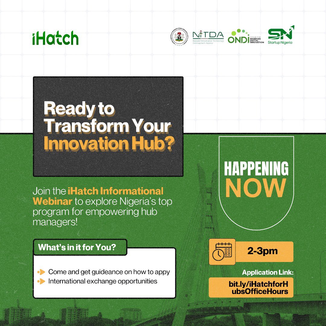 ONDINigeria's tweet image. Happening now! 
This is your chance to ask questions and get all the details about the iHatch Cohort 4. 
Click the link to join and learn more!
:
#ihatch4 #techhubs #officehours