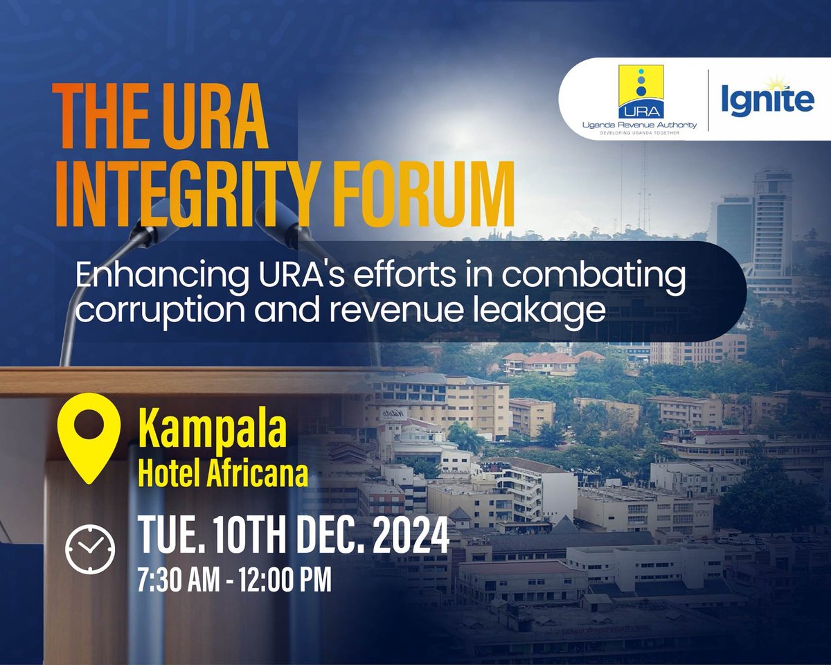 URAuganda's tweet photo. In honor of #InternationalAntiCorruptionDay, URA will hold an integrity under the theme "Enhancing URA's efforts in combating corruption and revenue leakage" happening tomorrow at Hotel Africana- K'la.

⏲️7:30AM

#URAIntegrityForum24
#IACD2024
#URAIgnite https://t.co/7IpE7r2how