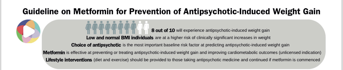 Weight gain is one of the most common and distressing side-effects of antipsychotic medicines. But, co-commencement of metformin with can reduce the extent of weight gain by 4.03kg (95% CI -5.78kg to -2.28kg) compared to controls
