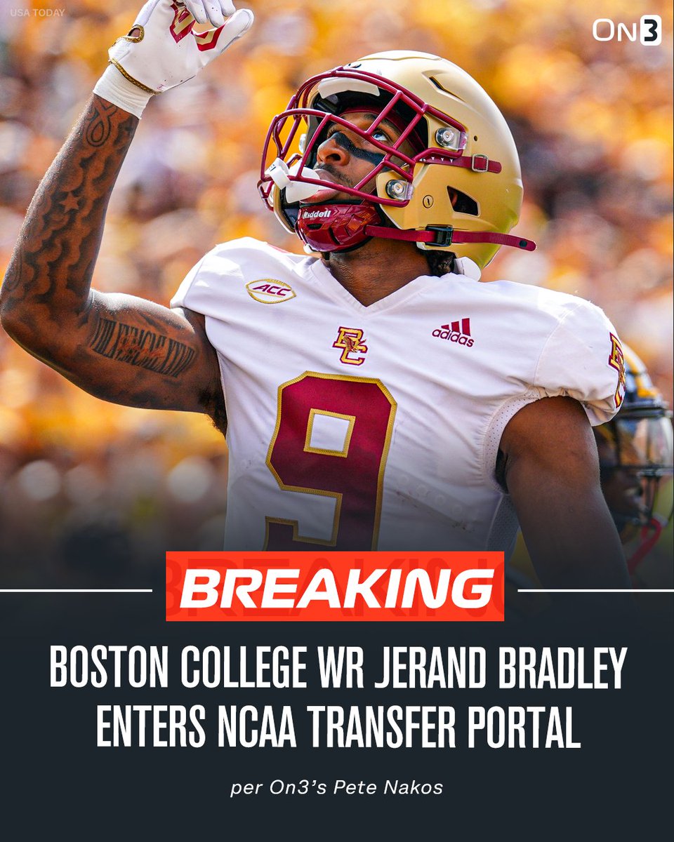 TransferPortal's tweet photo. NEWS: Boston College WR Jerand Bradley has officially entered the NCAA Transfer Portal, per @petenakos.

The former Texas Tech receiver has recorded 1,368 yards and 12 touchdowns in his career.

https://t.co/GqWAWxNdND