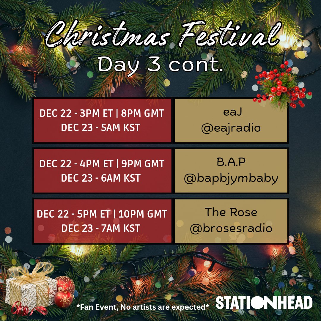 brosesradio's tweet image. LINEUP (Day 3)

These are the Christmas houses we will visit 🎄 , every station will have 1 hour and have about 3 songs of Christmas cheer along with their artists music ☃️

Please share and invite everyone 🎅

#SHXmasFest2024 @STATIONHEAD