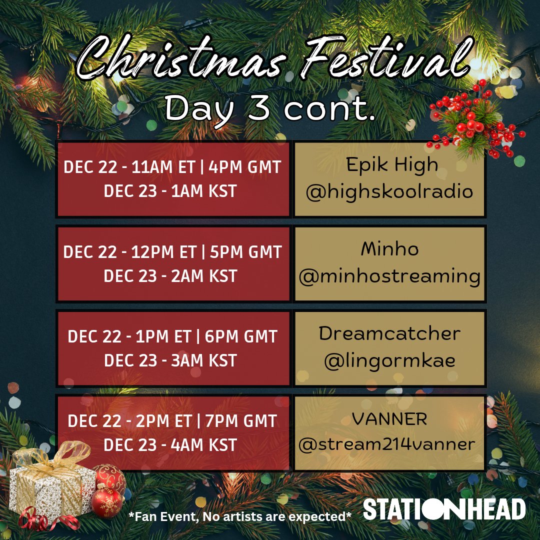 brosesradio's tweet image. LINEUP (Day 3)

These are the Christmas houses we will visit 🎄 , every station will have 1 hour and have about 3 songs of Christmas cheer along with their artists music ☃️

Please share and invite everyone 🎅

#SHXmasFest2024 @STATIONHEAD