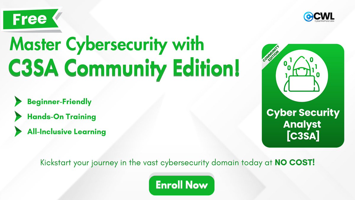 cyberwarfarelab's tweet image. Dreaming of a cybersecurity career? Start with C3SA Community Edition, a beginner-friendly course that equips you with essential cyber defense skills—absolutely FREE!

➤ Enroll now: cyberwarfare.live/product/cyber-…

#cybersecurityForFree #C3SA #CyberSecurityAnalyst #EnrollNow #CWL