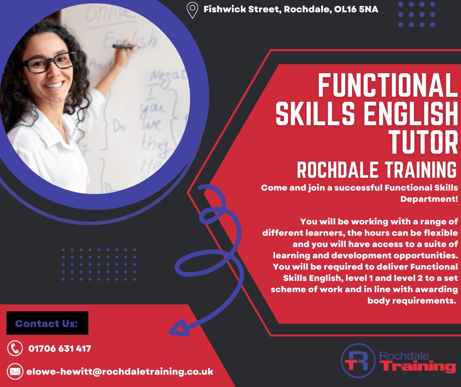 We are looking for an English Functional Skills Tutor...are you interested?🧐
If you are follow the link below and see if it's the job for you 😃
Rochdale Training:
rochdaletraining.co.uk/staff-vacancies
Indeed Link:
uk.indeed.com/viewjob?jk=a87…
