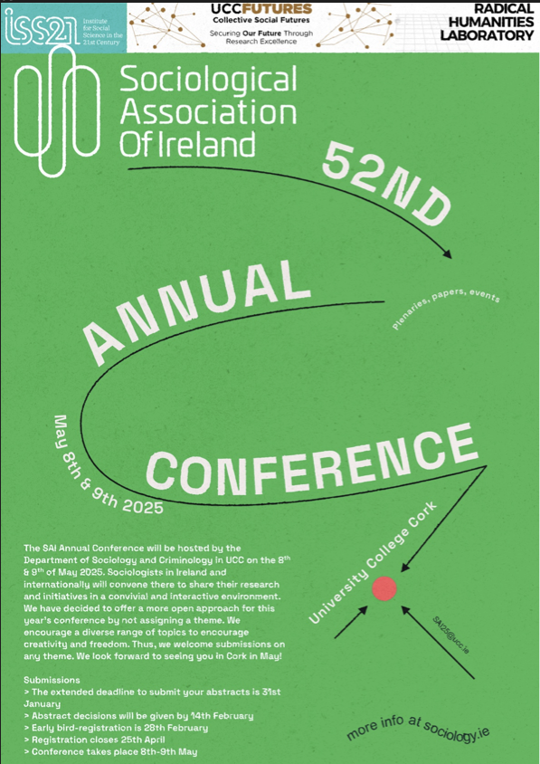 Abstract submission deadline 31/01.25. This year's conference takes place in University College Cork, while it is also running without a specific theme; thus, abstracts are encouraged from across the spectrum. Please RT. #sociology #ireland #UCC