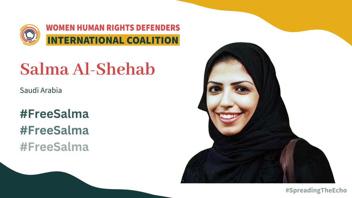 WHRDIC's tweet photo. 1/5 On January 15, 2021, Salma Al-Shehab was arrested while visiting Saudi Arabia for the holidays with her family. However, in August 2022, she was sentenced to 34 years, along with a 34-year travel ban after her release. #SpreadingTheEcho #FreeSalma #FreeWHRDs https://t.co/nUphhrfY5W